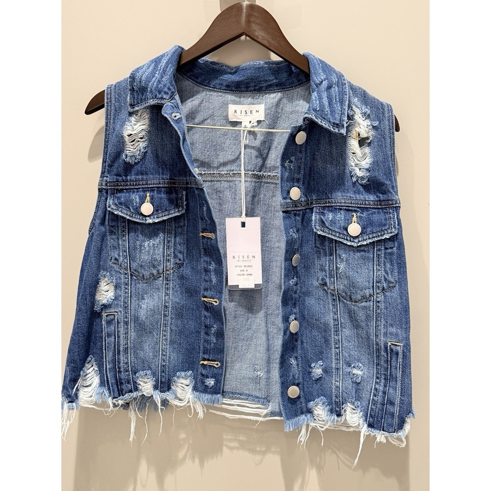 Women's Risen Jeans Dark Wash Blue Distressed Denim Vest Button Frayed Edge Med